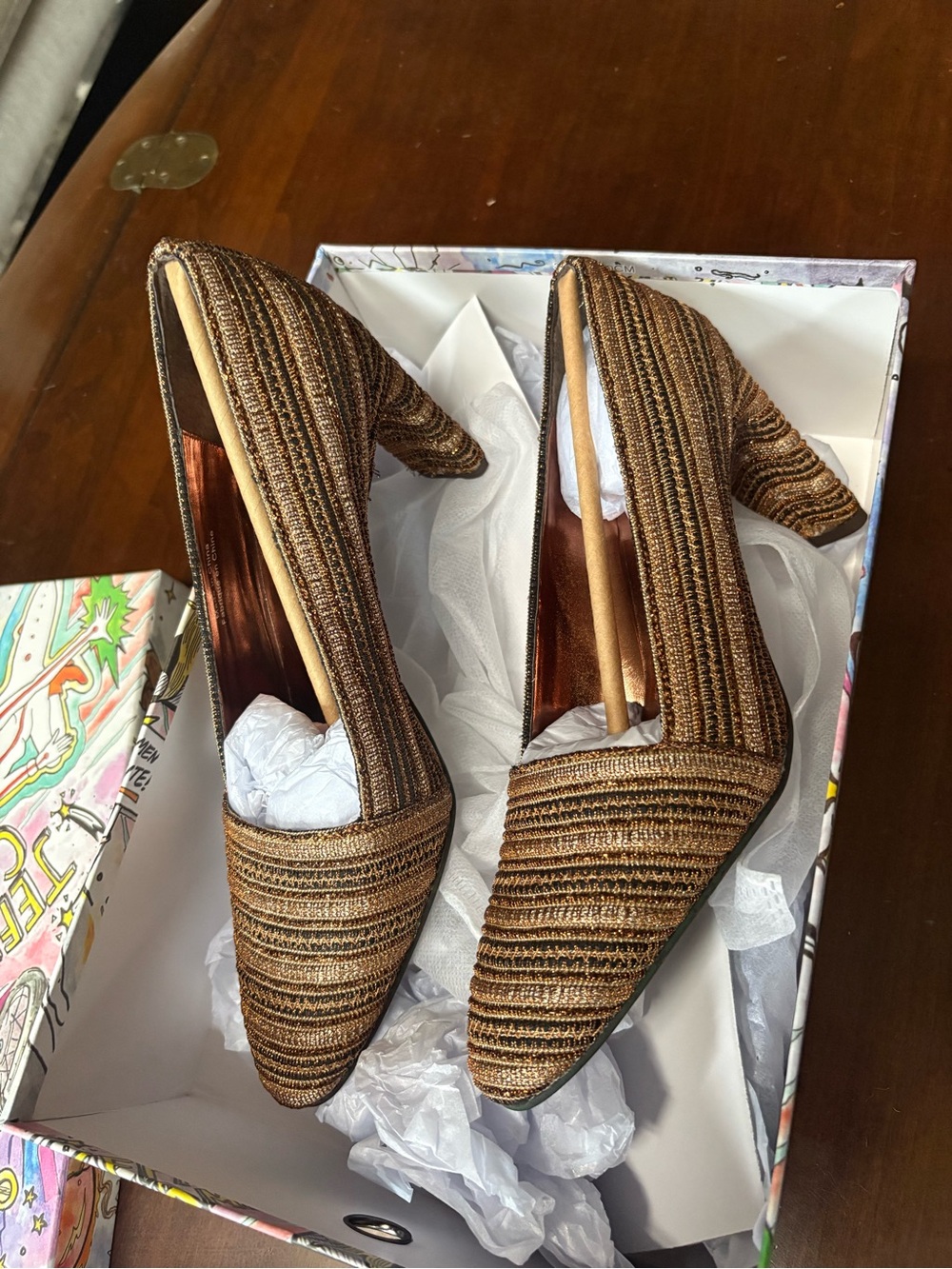 Jeffrey Campbell brown, gold, copper heel. Brand new Size 6